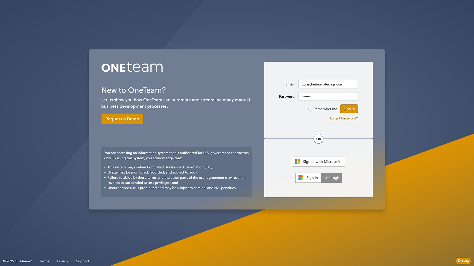 OneTeam app login screen with a gold diagonal band against a blue-green background, framing a translucent rounded panel containing login fields, buttons, and terms-of-use text