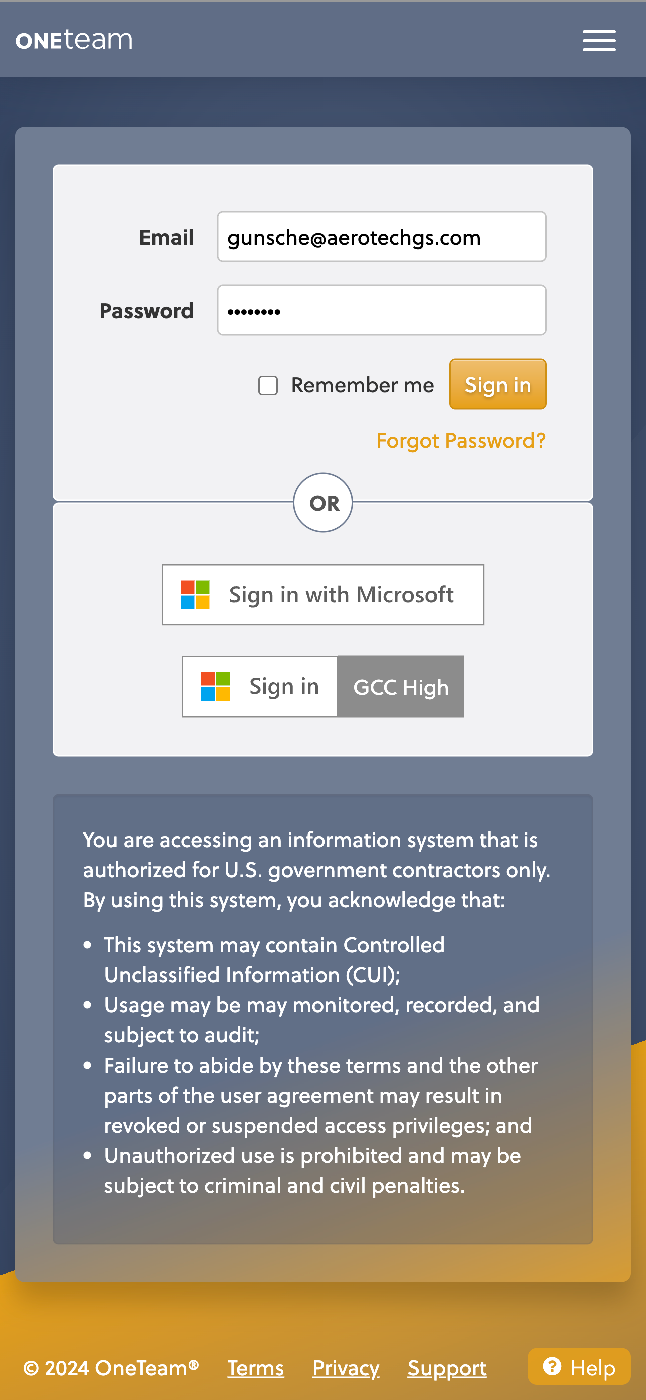 Responsive mobile layout of the OneTeam app login UI